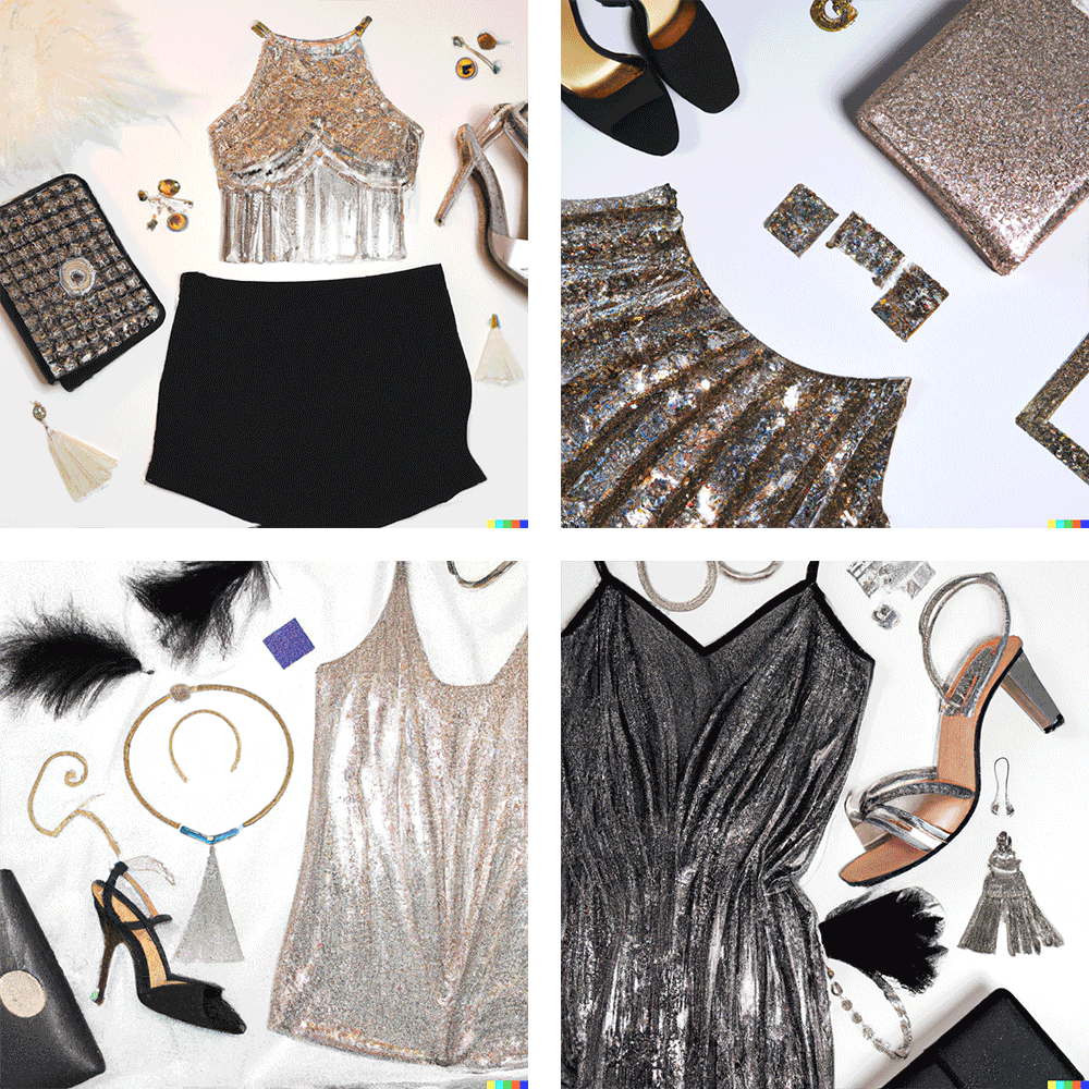 a gif with AI generated outfit ideas for each of the following suggestions: disco, rodeo, job interview, Vegas, concert, 80s party, and summer wedding